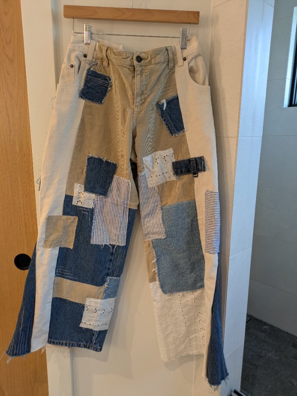 Custom Upcycled Patchwork Baggy Jeans-Corduroy & Eyelet Lace Size 30. Y2K